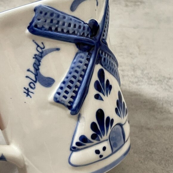 Vintage Blue Delft Deco Hand Painted Raised Relief Children Windmill Mugs Set/2 - Picture 4 of 10